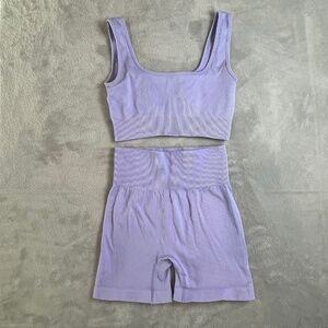 2 Piece Purple Workout Set Square Neck Sports Bra High Waisted Biker Shorts sz S